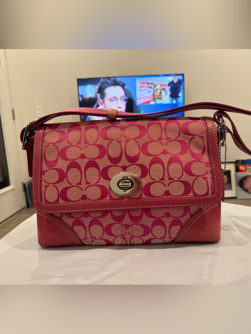 Coach Pink Signature Canvas Turnlock Shoulder Bag